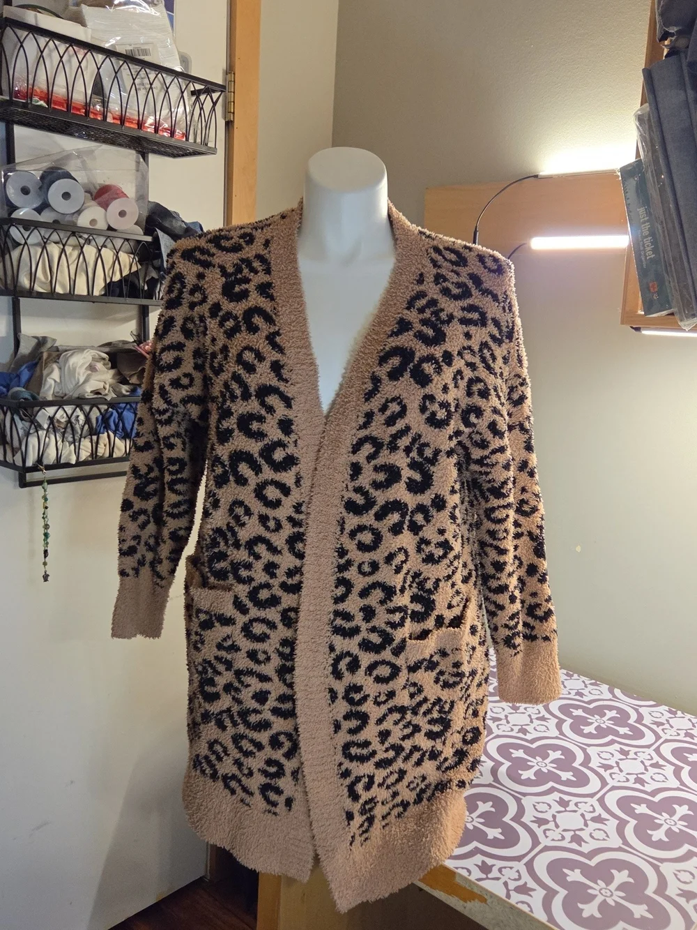 Leopard Print Open-Front Cozy Cardigan Sweater - Camel/Black - Picture 1 of 1